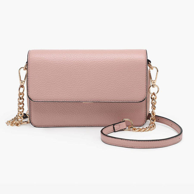Pink handbag with a gold chain strap on a white background