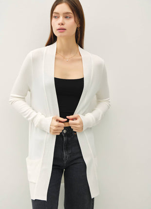 COTTON BLEND KNIT OPEN FRONT CARDIGAN : Black / S