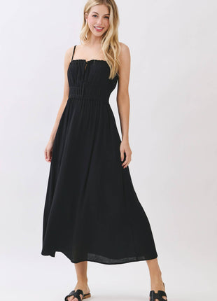 Smocked Midi Dress with Adjustable Straps & Pockets: Forest Green S / M / L