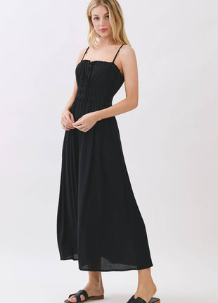 Smocked Midi Dress with Adjustable Straps & Pockets: Forest Green S / M / L