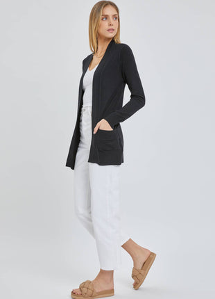 COTTON BLEND KNIT OPEN FRONT CARDIGAN : Black / M