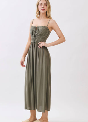 Smocked Midi Dress with Adjustable Straps & Pockets: Forest Green S / M / L