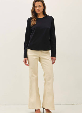 GARMENT WASHED COTTON LONG SLEEVE BASIC TOP: Black / L