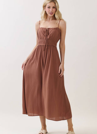 Smocked Midi Dress with Adjustable Straps & Pockets: Forest Green S / M / L