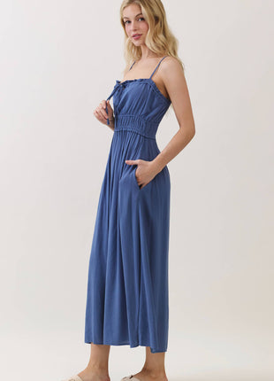 Smocked Midi Dress with Adjustable Straps & Pockets: Forest Green S / M / L