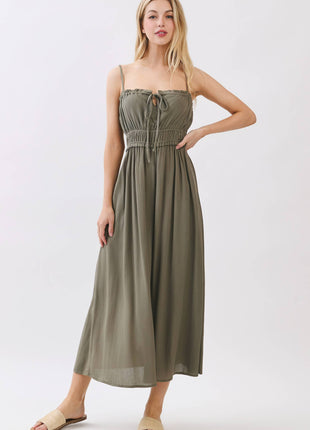 Smocked Midi Dress with Adjustable Straps & Pockets: Forest Green S / M / L