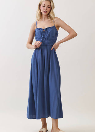 Smocked Midi Dress with Adjustable Straps & Pockets: Forest Green S / M / L