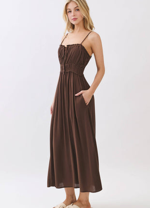 Smocked Midi Dress with Adjustable Straps & Pockets: Forest Green S / M / L