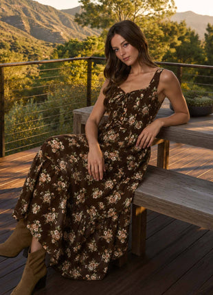 FLORAL FRONT LACE UP CORSET SLEEVELESS MIDI DRESS : CREAM MULTI