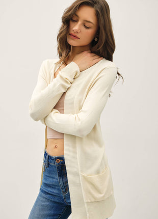 COTTON BLEND KNIT OPEN FRONT CARDIGAN : Black / S