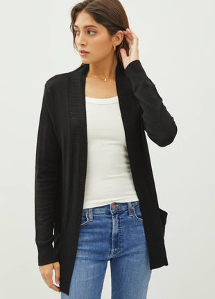 COTTON BLEND KNIT OPEN FRONT CARDIGAN : Black / M