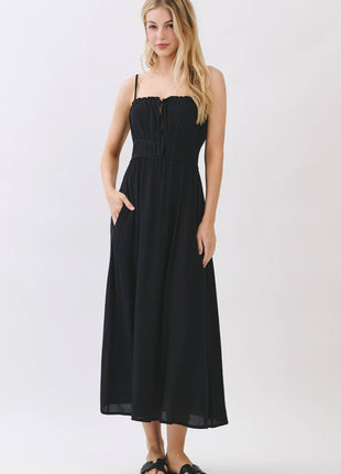 Smocked Midi Dress with Adjustable Straps & Pockets: Forest Green S / M / L