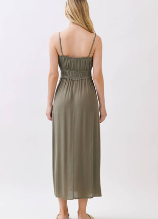 Smocked Midi Dress with Adjustable Straps & Pockets: Forest Green S / M / L