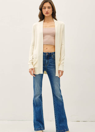 COTTON BLEND KNIT OPEN FRONT CARDIGAN : Black / M