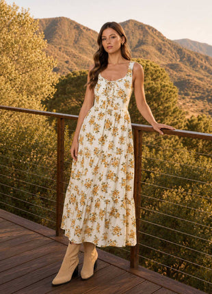 FLORAL FRONT LACE UP CORSET SLEEVELESS MIDI DRESS : CREAM MULTI