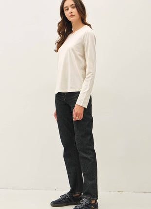 GARMENT WASHED COTTON LONG SLEEVE BASIC TOP: Black / L