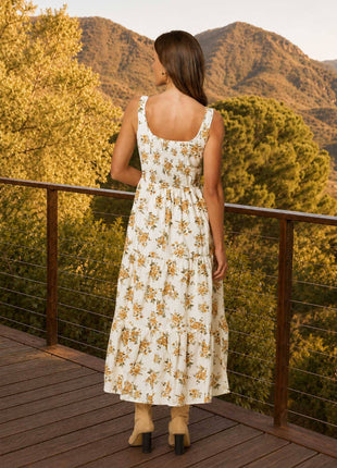 FLORAL FRONT LACE UP CORSET SLEEVELESS MIDI DRESS : CREAM MULTI