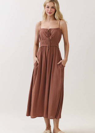 Smocked Midi Dress with Adjustable Straps & Pockets: Forest Green S / M / L