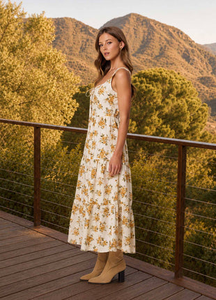 FLORAL FRONT LACE UP CORSET SLEEVELESS MIDI DRESS : CREAM MULTI
