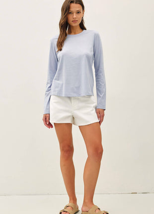 GARMENT WASHED COTTON LONG SLEEVE BASIC TOP: Black / S