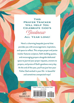 Back cover of a prayer tracker book with colorful leaf pattern and text.