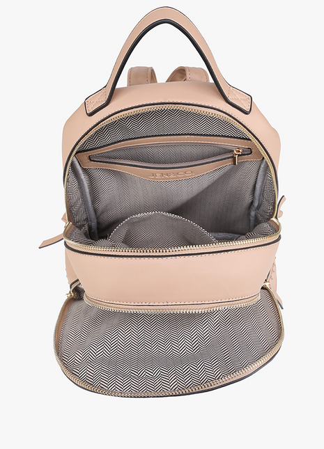 Beige backpack with gray interior on a white background