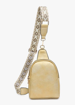 Beige backpack with a patterned strap on a white background