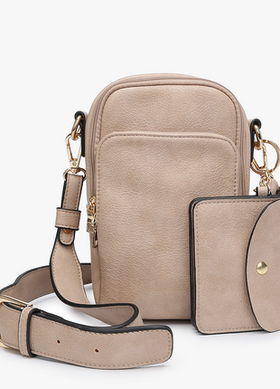 Beige crossbody bag with matching pouch on a white background