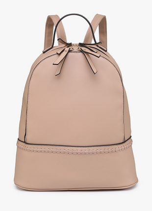 Beige backpack with a bow detail on a white background