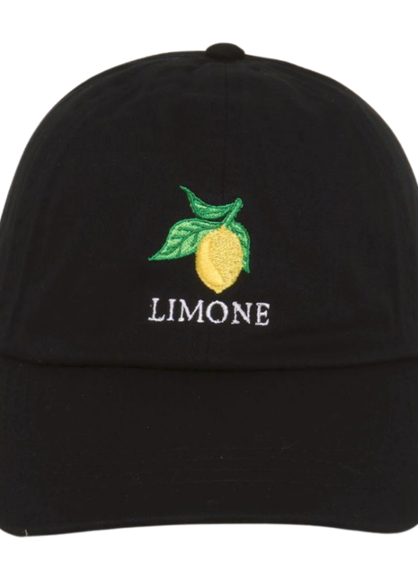 Black cap with 'Limone' lemon design on a white background