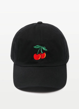 A black baseball cap featuring an embroidered cherry motif on the front, set against a plain white background.