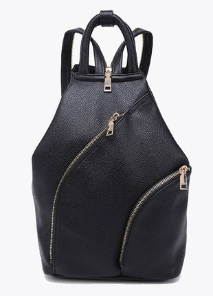 Black pebbled faux-leather backpack with diagonal zippered pockets and top handles, shown on a plain white background.