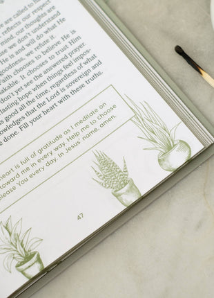 Open book with green illustrations of plants on a marble surface with a pen and plant.