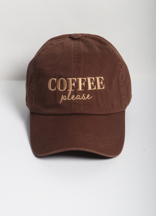 Brown cap with 'COFFEE please' text on a white background