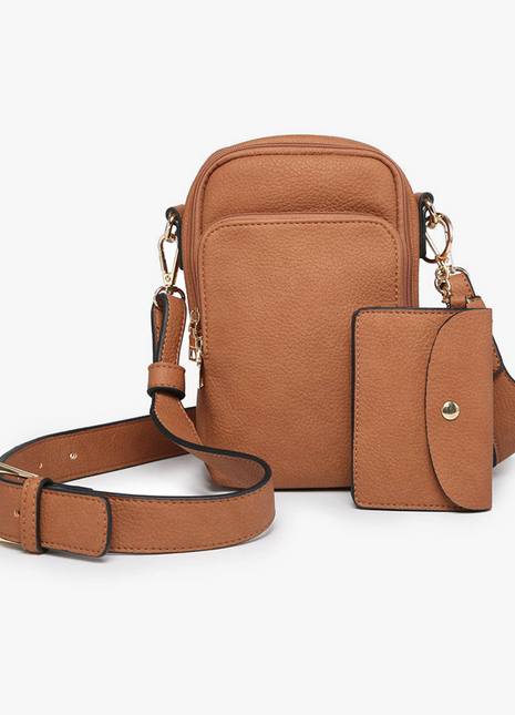 Brown leather crossbody bag with matching wallet on a white background
