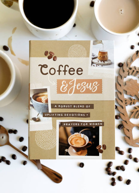 Book titled 'Coffee & Jesus' surrounded by coffee cups and beans on a white surface