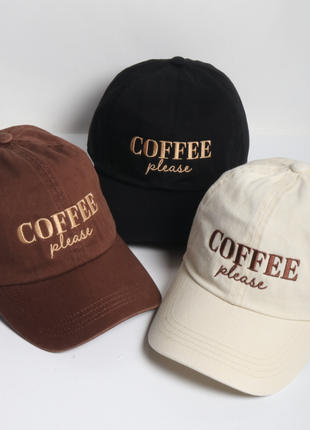 Three baseball caps in black, brown, and beige with 'COFFEE please' text on a white background.
