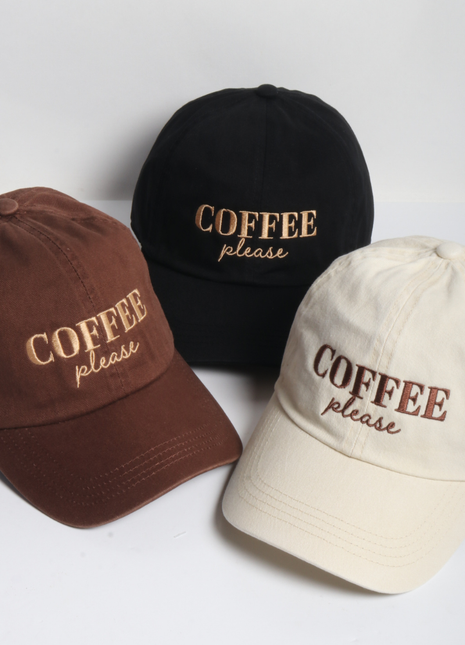 Three baseball caps in black, brown, and beige with 'COFFEE please' text on a white background.