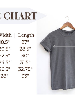 Gray t-shirt on a hanger with size chart on the left