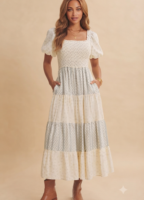 Sage and cream floral smocked midi dress