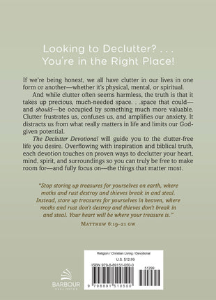 Book back cover with text about decluttering and Barbour Publishing logo.