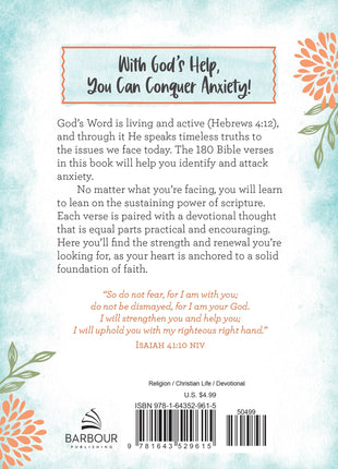 Back cover of a book with text about conquering anxiety using Bible verses, featuring decorative elements and a Barbour Publishing logo.