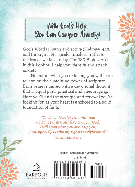 Back cover of a book with text about conquering anxiety using Bible verses, featuring decorative elements and a Barbour Publishing logo.