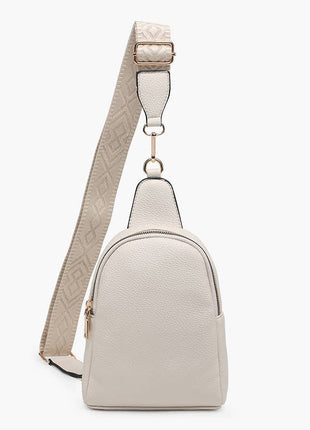Light gray backpack with a matching strap on a white background