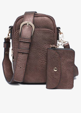 Brown leather crossbody bag with matching wallet on a white background