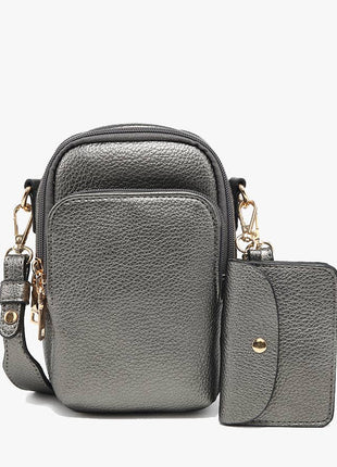 Gray crossbody bag with matching wallet on a white background