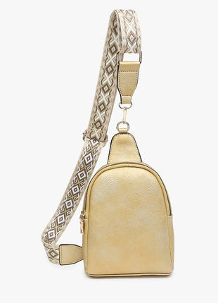 Beige backpack with a patterned strap on a white background