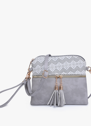 Gray handbag with a white patterned top section on a white background