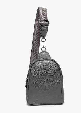 Gray textured crossbody bag with a strap on a white background