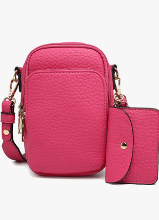 Hot Pink crossbody bag with matching wallet on a white background